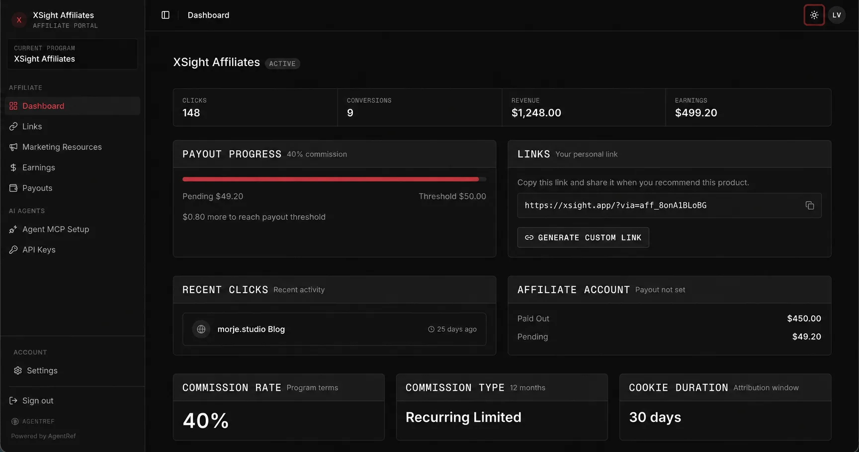 AgentRef affiliate portal showing referral links and affiliate workflow tools in dark mode